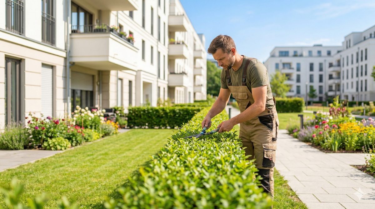 Grünflächenpflege Berlin – Gärtner beim Heckenschnitt vor Wohnanlage