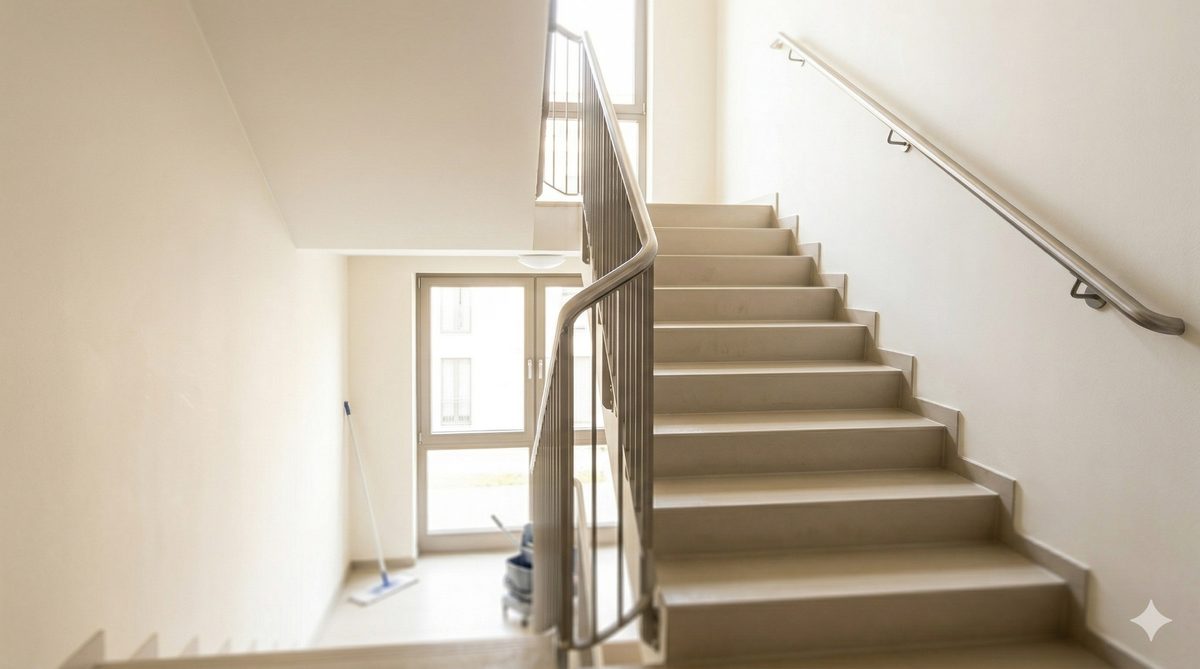Treppenhausreinigung Berlin – sauberes Treppenhaus mit frisch gewischten Stufen
